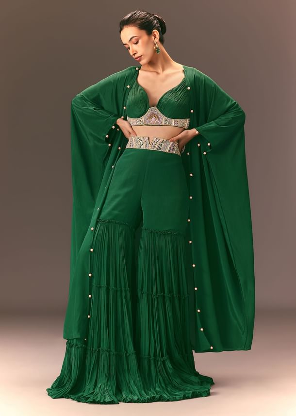 Green Ruched Blouse With Frill Palazzo And Cape Green Ruched Blouse With Frill Palazzo And Cape