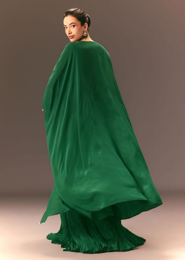 Green Ruched Blouse With Frill Palazzo And Cape Green Ruched Blouse With Frill Palazzo And Cape