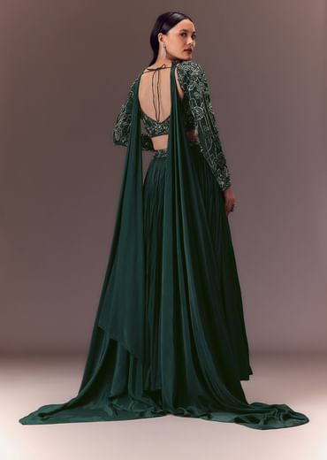 Green Ruched Frill Lehenga Set With Choker Dupatta