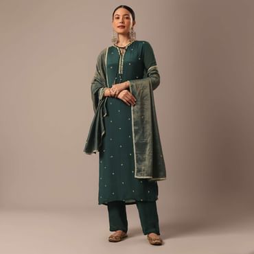 Green Sequin Embellished Kurta Set With Hand Embroidery