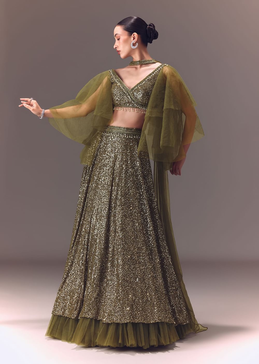 Green Sequin Frill Blouse With Lehenga And Choker Dupatta