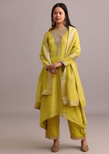 Green Sequins Work On Kurti Pant Set With Banarasi Weave Dupatta