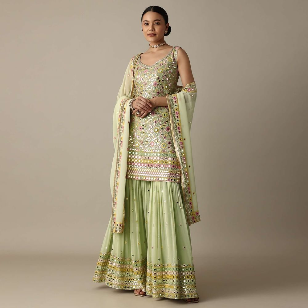 Green Sharara Set With Exquisite Mirror Work