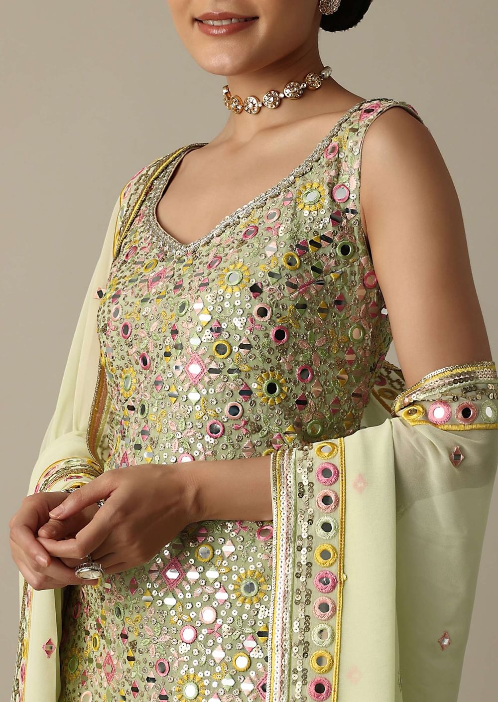Green Sharara Set With Exquisite Mirror Work