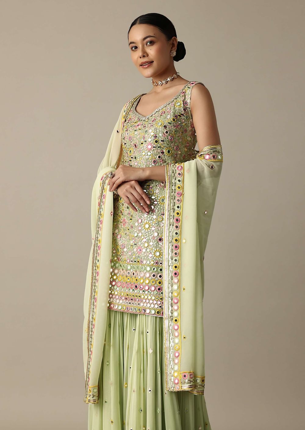 Green Sharara Set With Exquisite Mirror Work