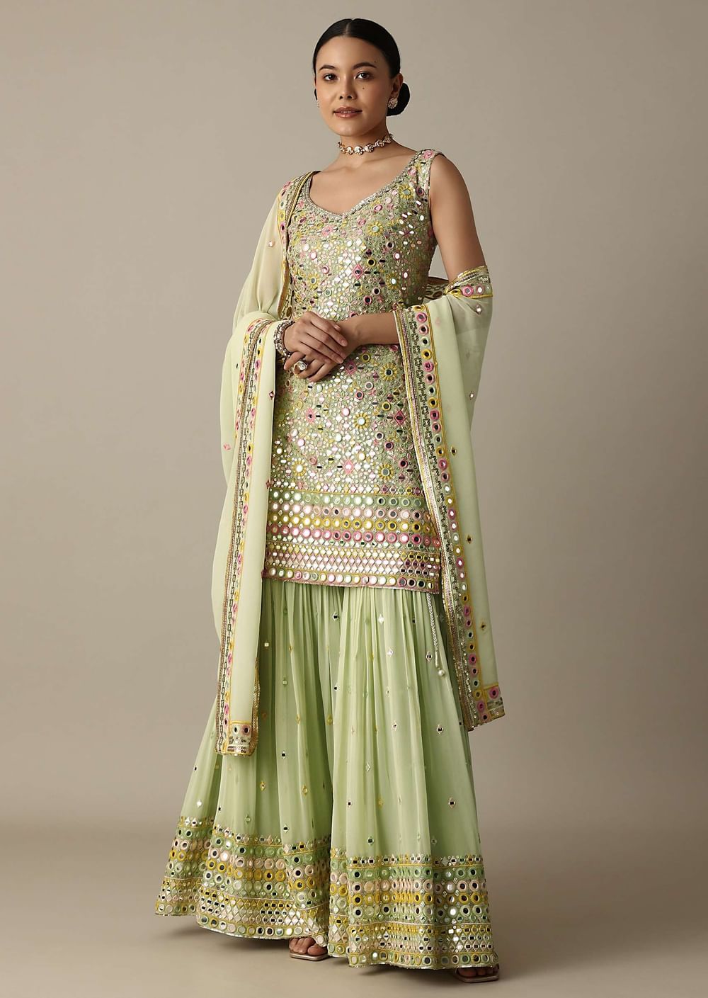 Green Sharara Set With Exquisite Mirror Work