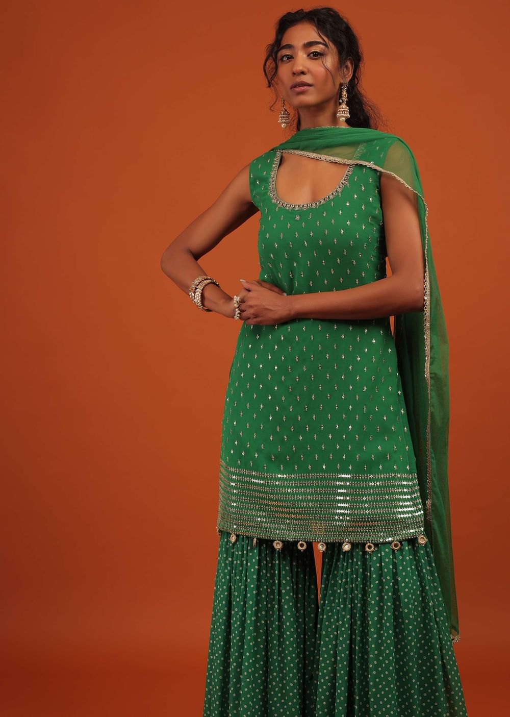 Green Sharara Suit In Georgette With A Net Dupatta