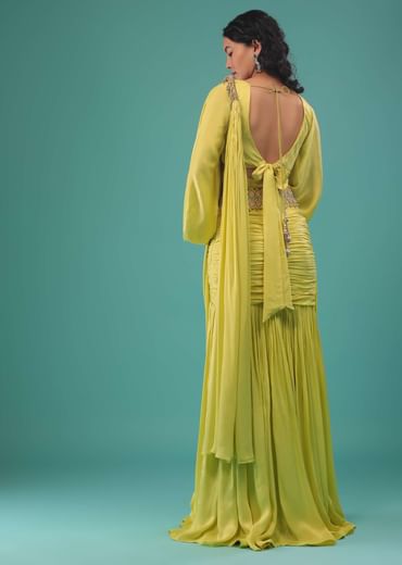 Green Sheen Yellow Ready-Pleated Saree In Satin