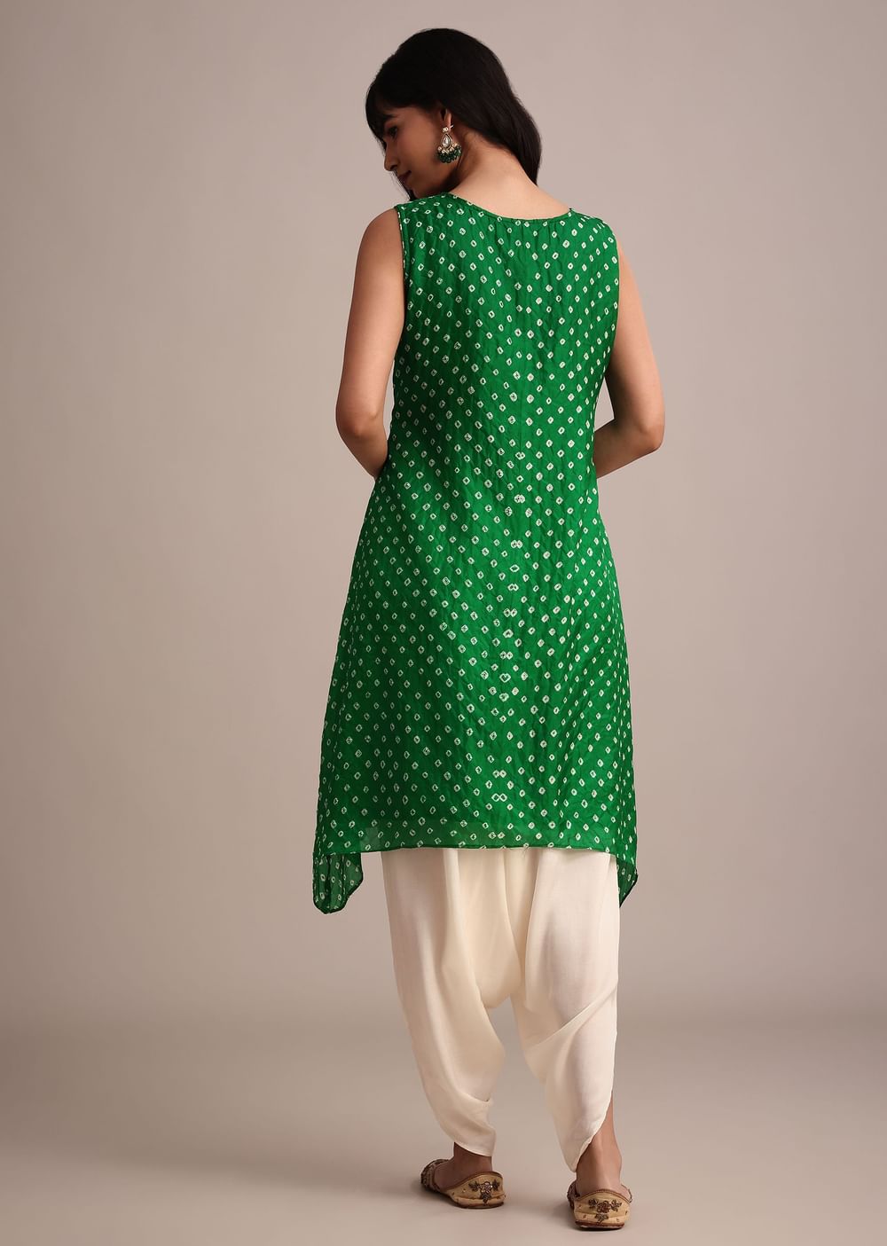 Green Silk Bandhani Print Kurta Dhoti Set