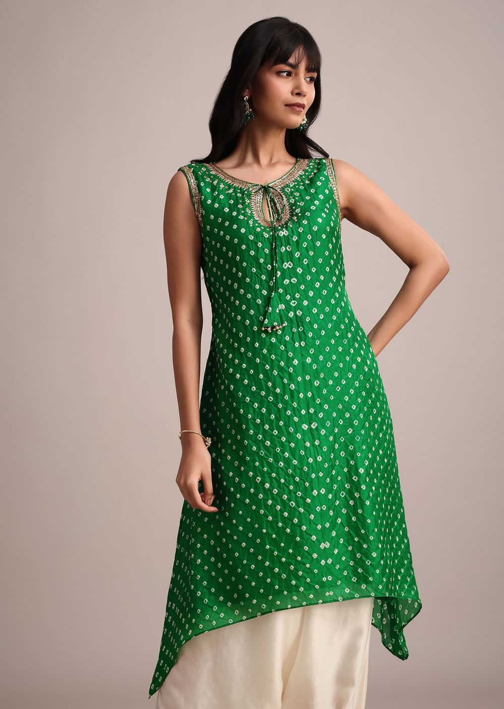 Green Silk Bandhani Print Kurta Dhoti Set