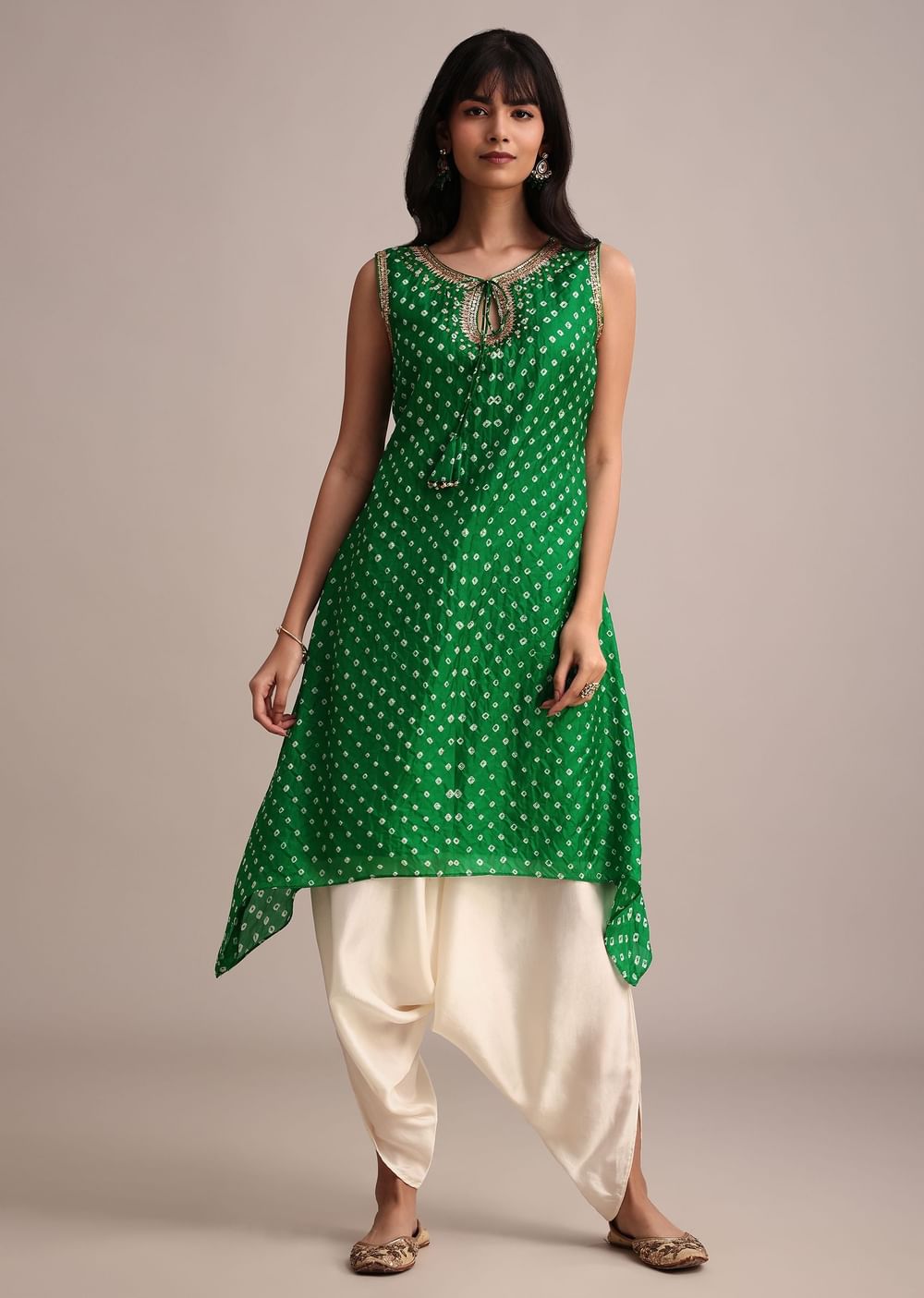 Green Silk Bandhani Print Kurta Dhoti Set