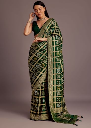 Green Silk Bandhani Woven Saree