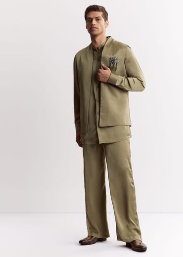 Green Silk Kurta Set With Gotta Embroidered Jacket