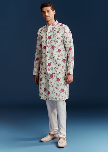 Green Silk Printed Kurta With Floral Sequins And Stone Work