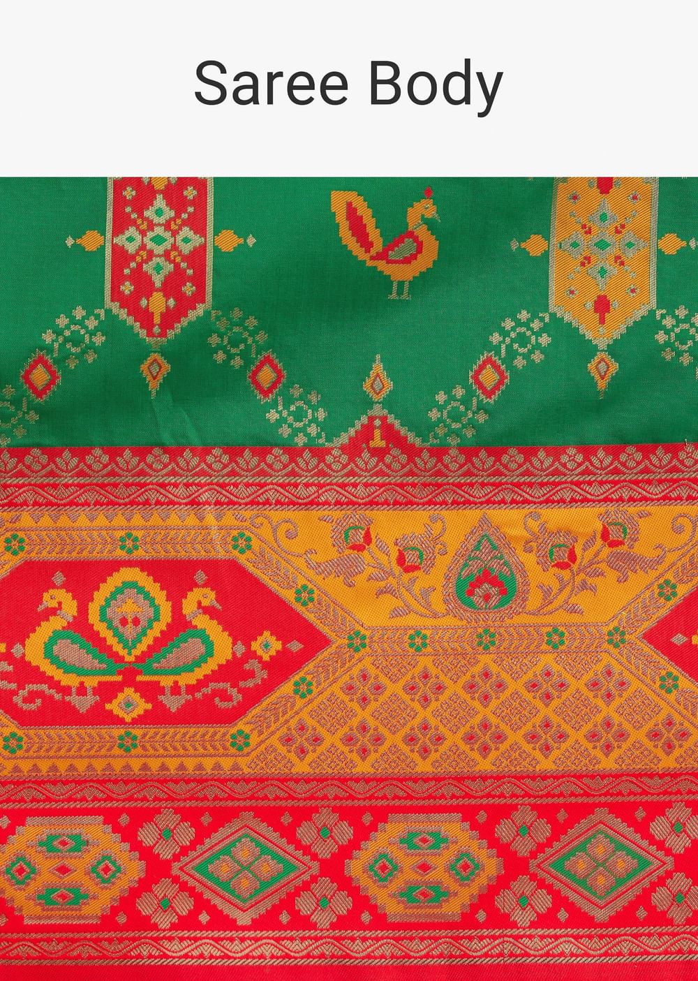 Green Silk Woven Ikat Motif Saree With Constrat Pallu