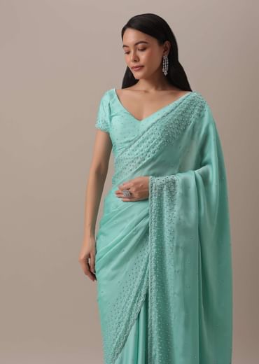 Green Stone And Bead Embellished Saree In Satin