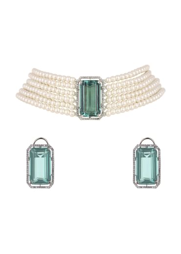 Green Studded Pearl Choker In Mix Metal
