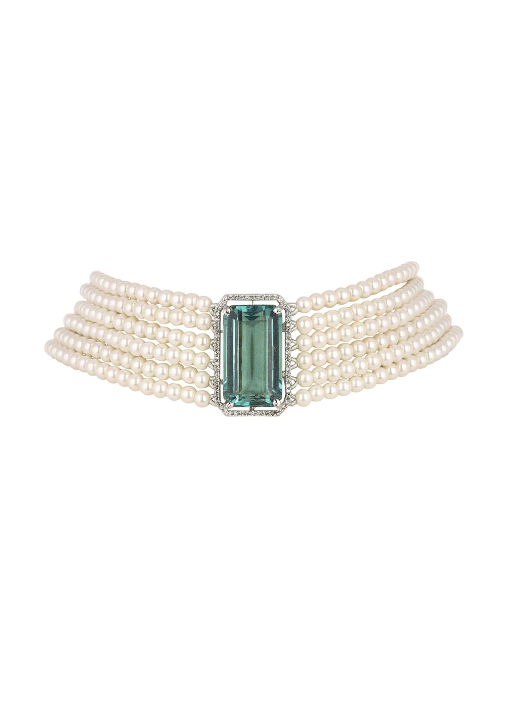 Green Studded Pearl Choker In Mix Metal