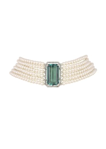 Green Studded Pearl Choker In Mix Metal