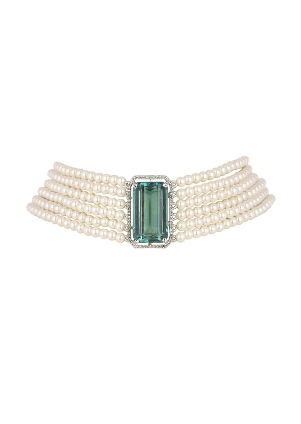 Green Studded Pearl Choker In Mix Metal Green Studded Pearl Choker In Mix Metal