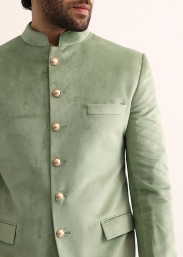 Green Jodhpuri Suit In Suede For Men