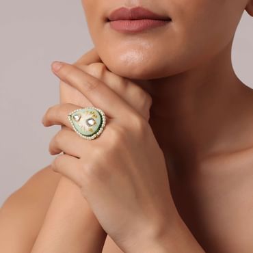 Green Teardrop Motif Meenakari Ring