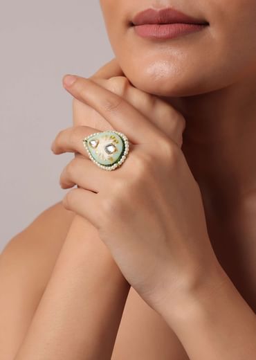 Green Teardrop Motif Meenakari Ring