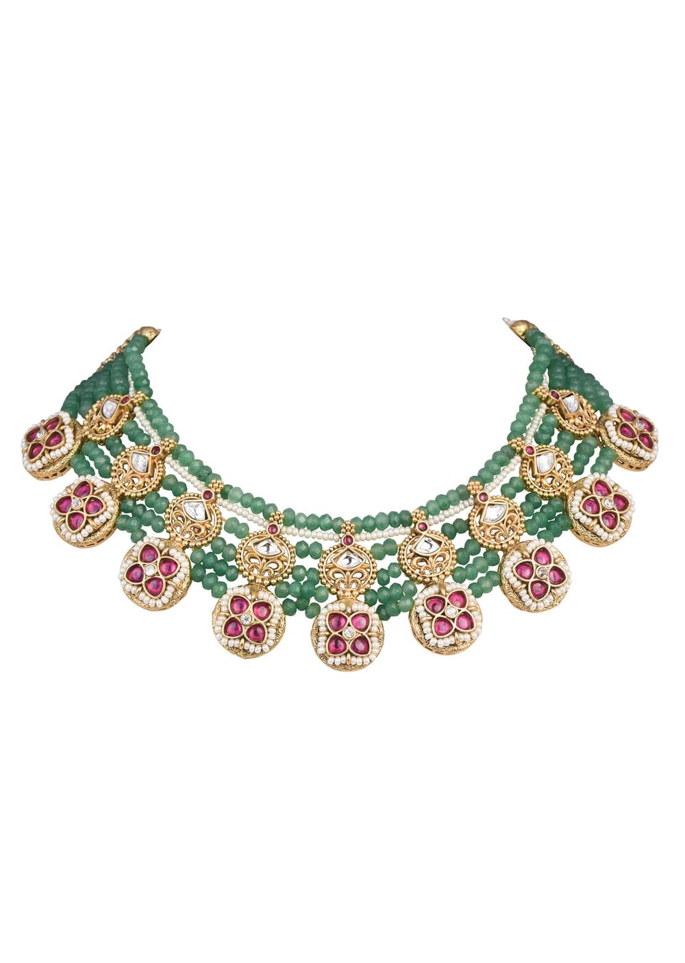 Green Temple Beaded Necklace Set With Jhumkas