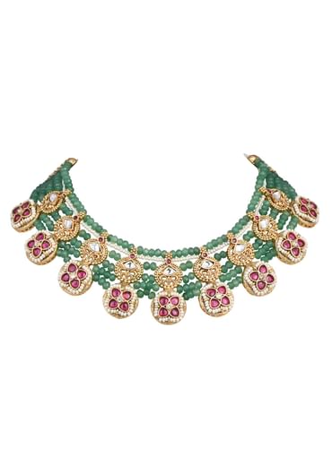 Green Temple Beaded Necklace Set With Jhumkas