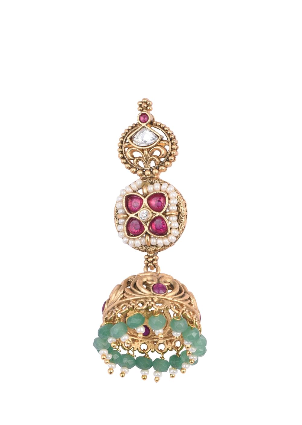 Green Temple Beaded Necklace Set With Jhumkas