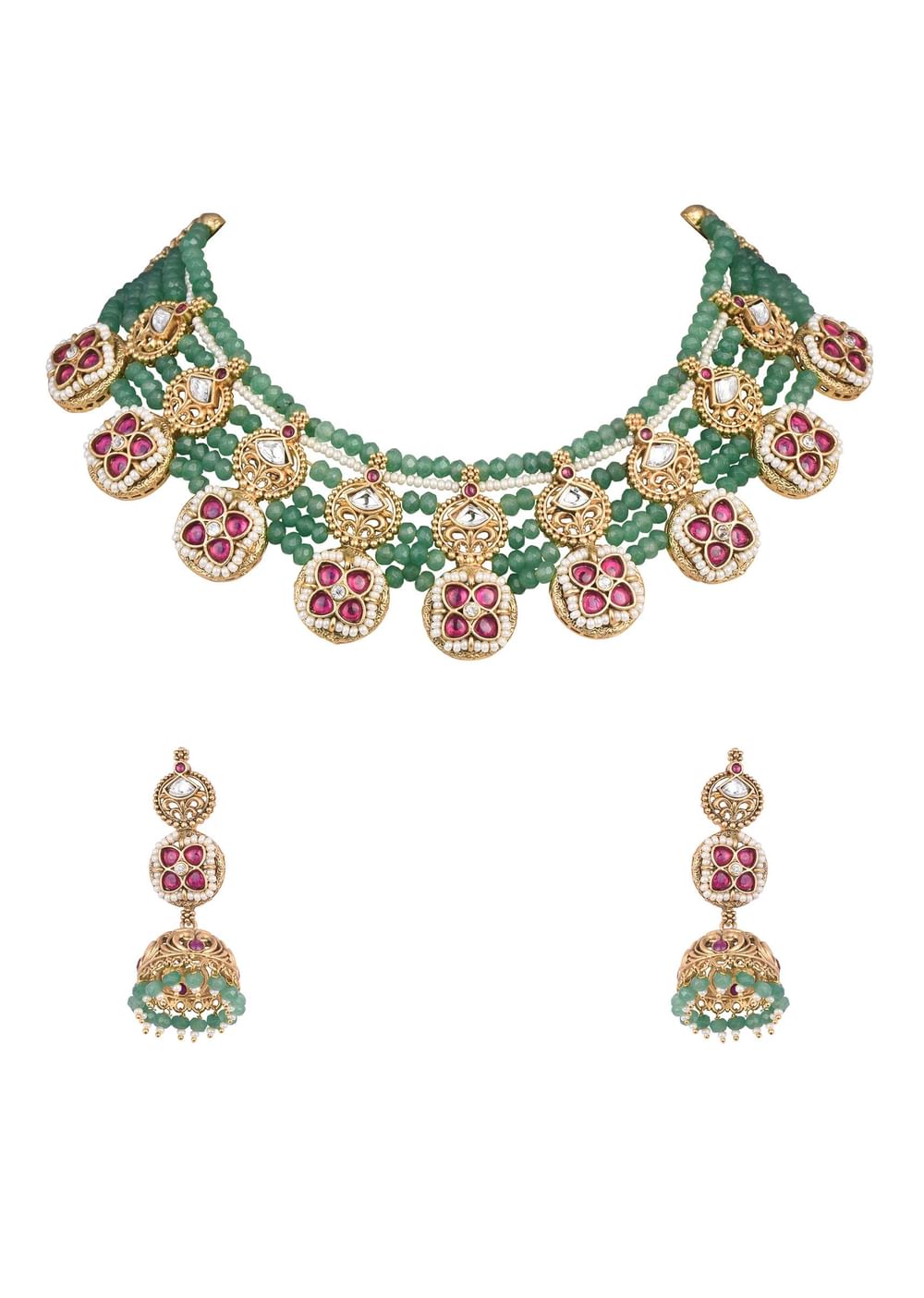 Green Temple Beaded Necklace Set With Jhumkas