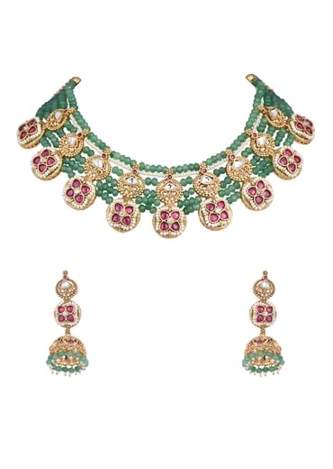 Green Temple Beaded Necklace Set With Jhumkas
