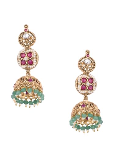 Green Temple Beaded Necklace Set With Jhumkas