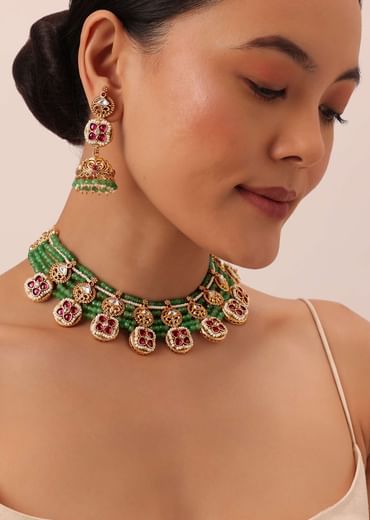 Green Temple Beaded Necklace Set With Jhumkas