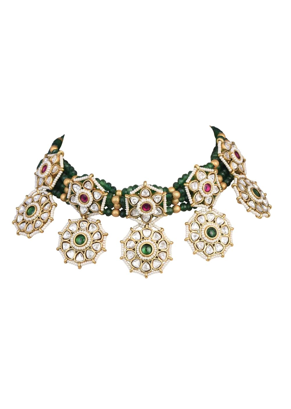 Green Temple Choker Set With Floral Motifs And Meenakari Detail
