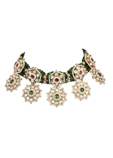 Green Temple Choker Set With Floral Motifs And Meenakari Detail