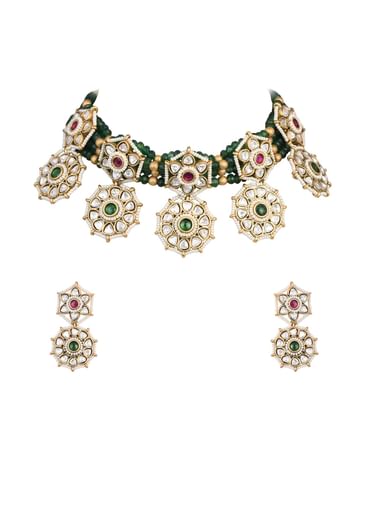 Green Temple Choker Set With Floral Motifs And Meenakari Detail