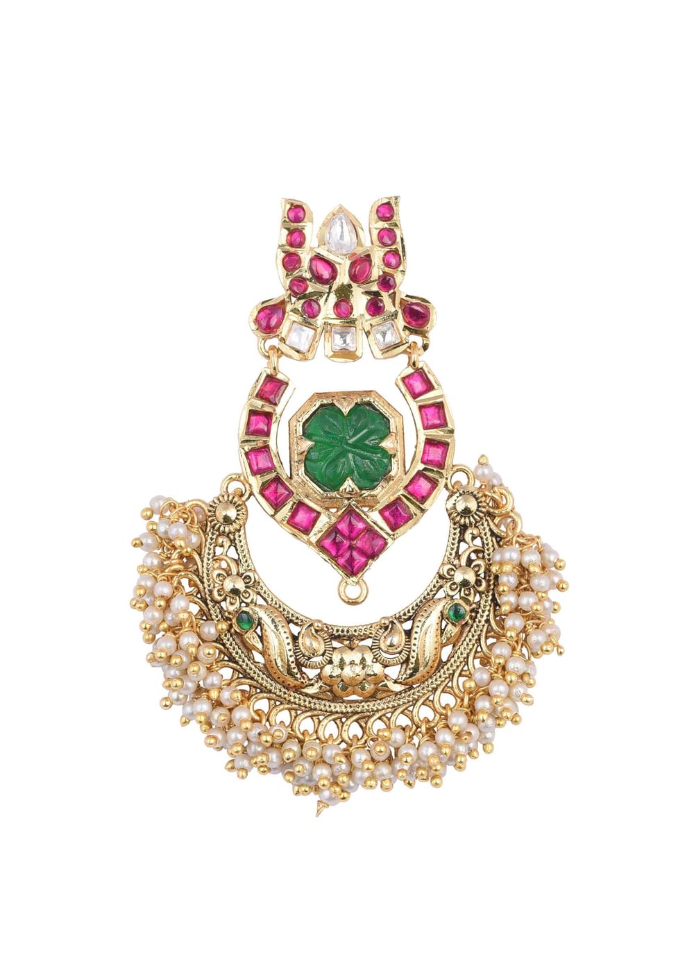 Green Temple Finish Earrings With Meenakari Work And Cluster Beads