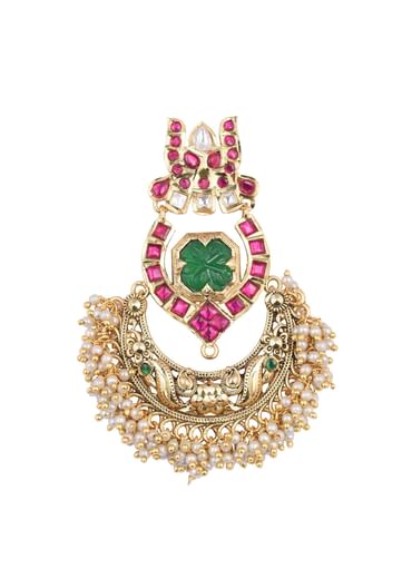 Green Temple Finish Earrings With Meenakari Work And Cluster Beads