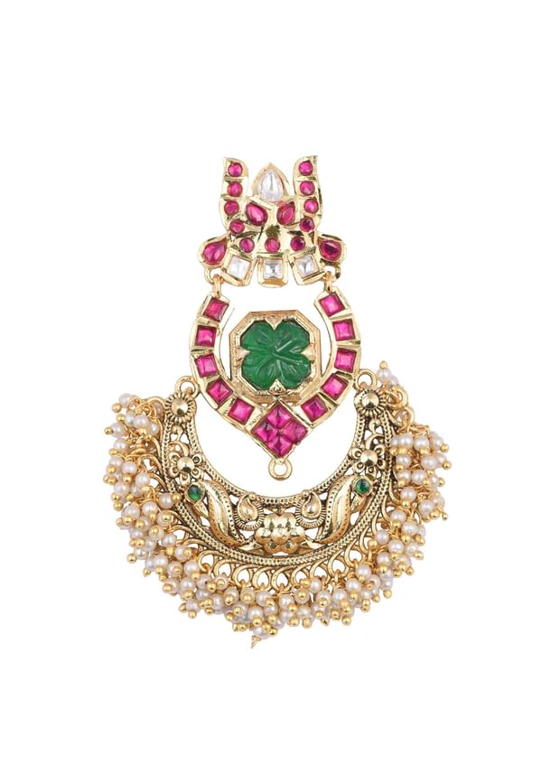 Green Temple Finish Earrings With Meenakari Work And Cluster Beads