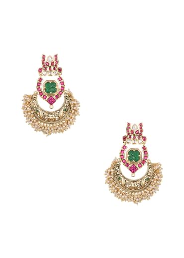 Green Temple Finish Earrings With Meenakari Work And Cluster Beads