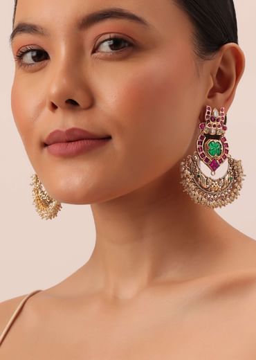 Green Temple Finish Earrings With Meenakari Work And Cluster Beads