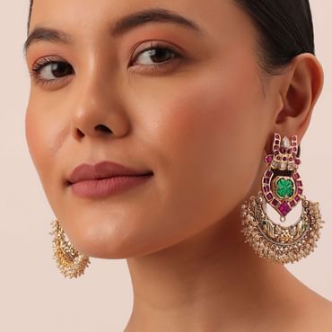 Green Temple Finish Earrings With Meenakari Work And Cluster Beads
