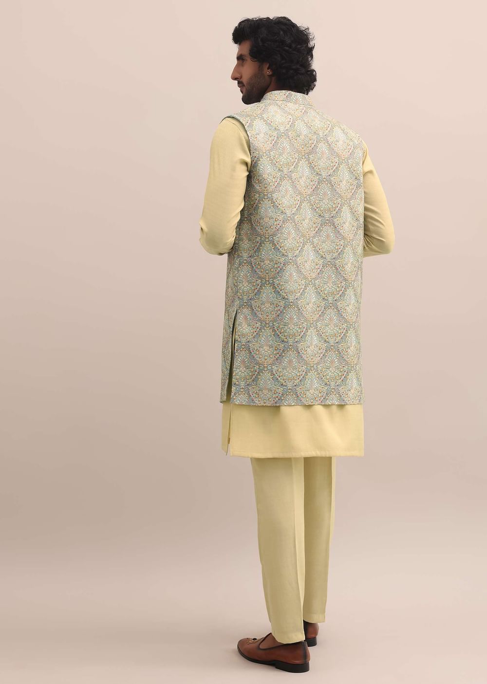Green Threadwork Kurta Jacket Set For Men