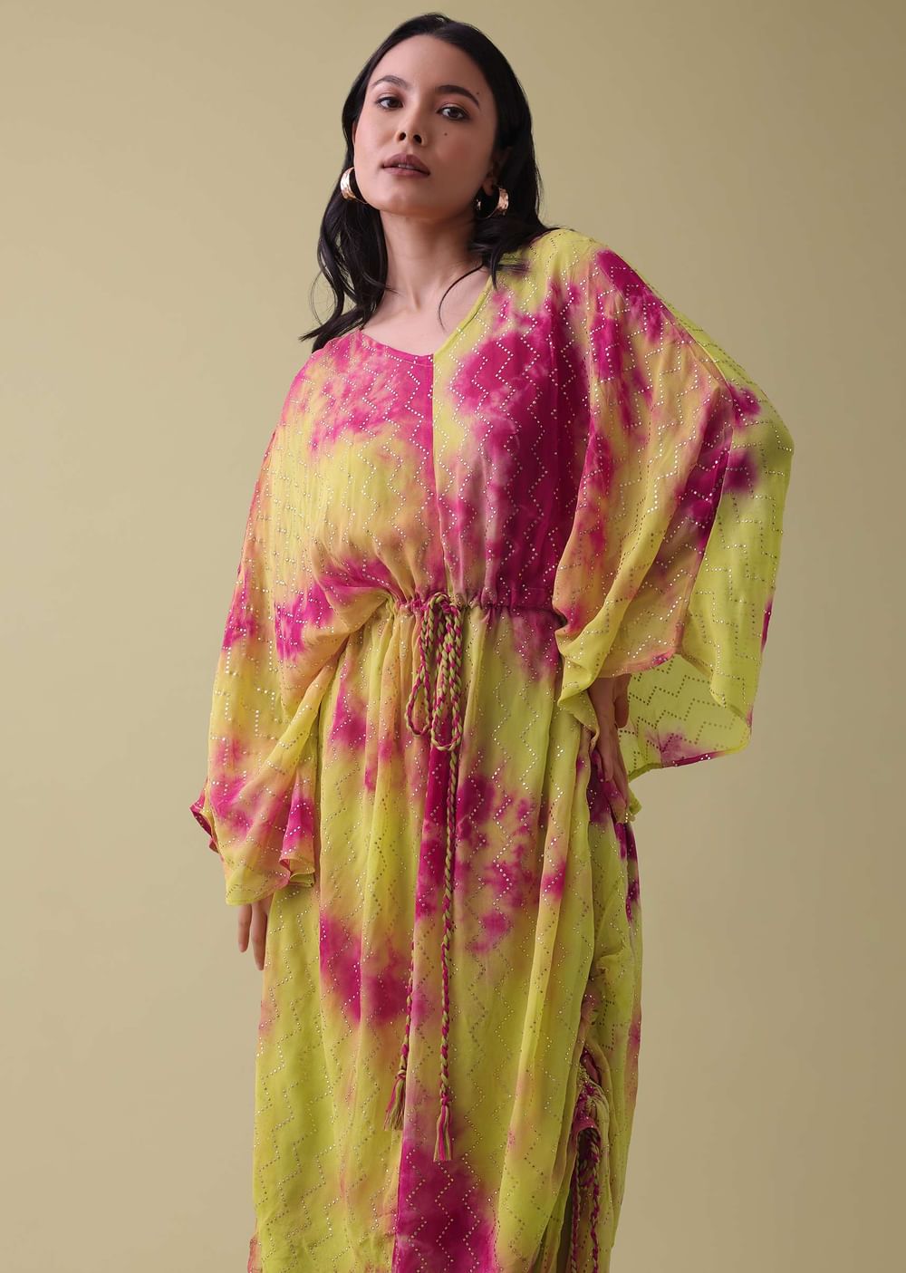 Green Tie Dye Kurti In Georgette With Badla Work