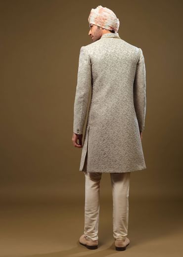 Powder Green Thread Embroidered Sherwani Set In Emboss Fabric