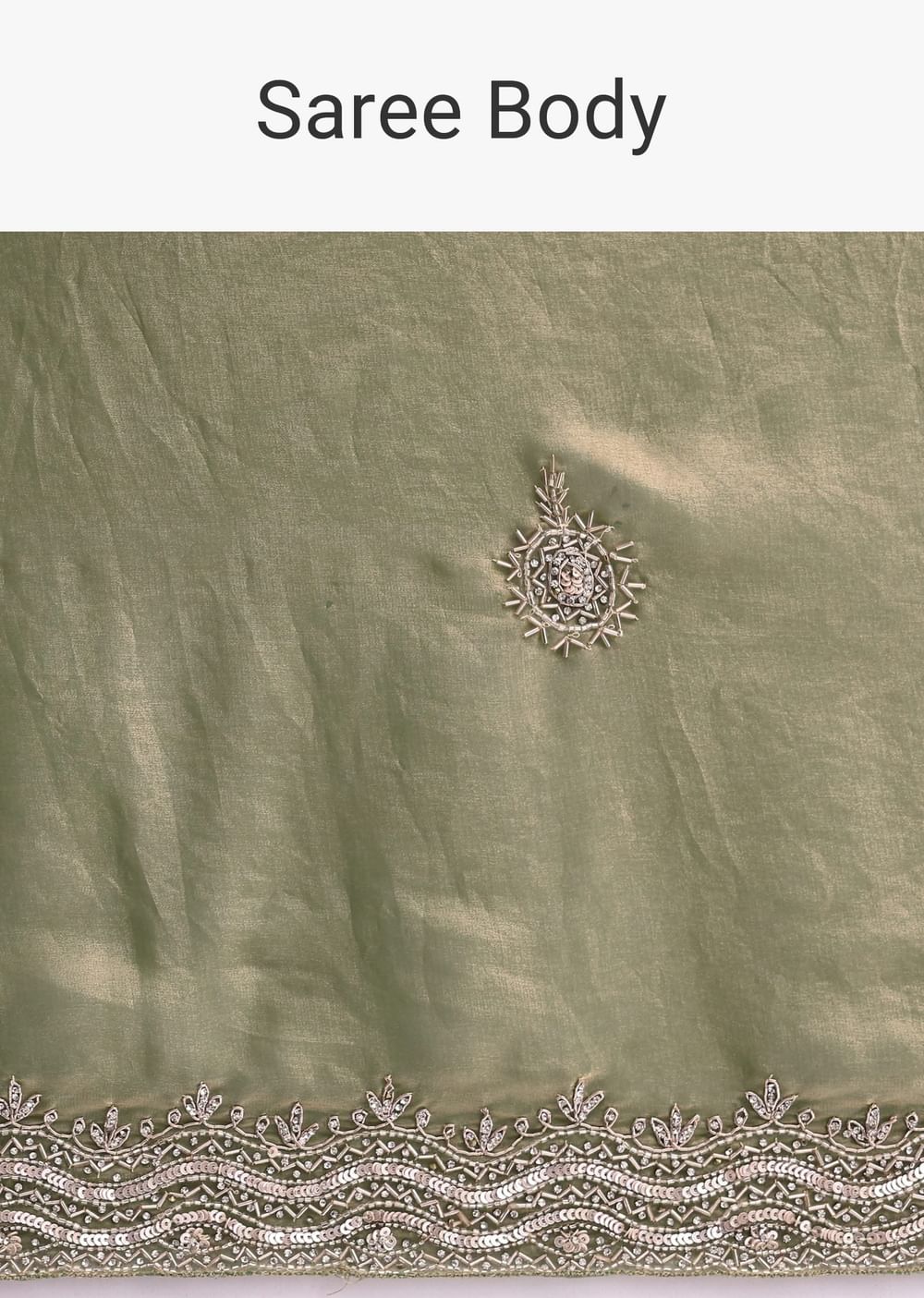 Green Tissue Organza Saree With Scallop Sequin Border And Unstitched Blouse Fabric