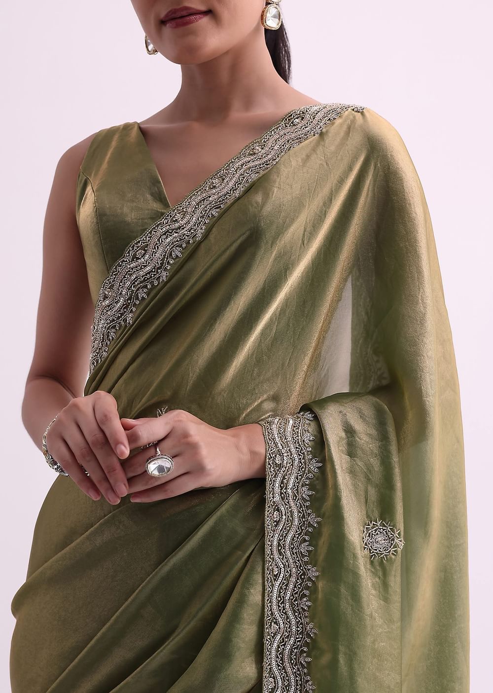 Green Tissue Organza Saree With Scallop Sequin Border And Unstitched Blouse Fabric