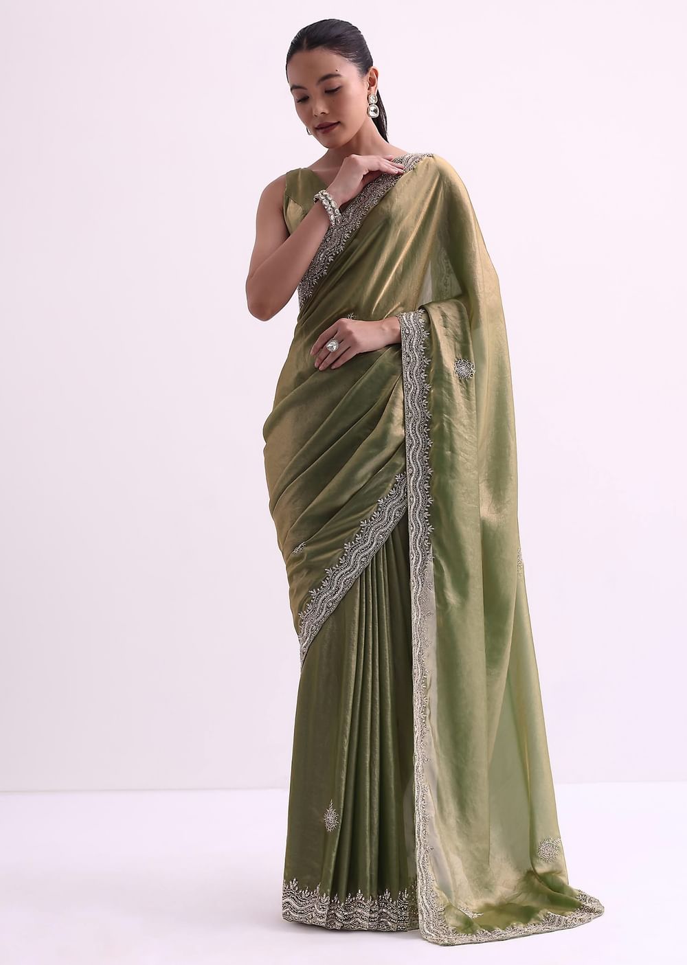 Green Tissue Organza Saree With Scallop Sequin Border And Unstitched Blouse Fabric