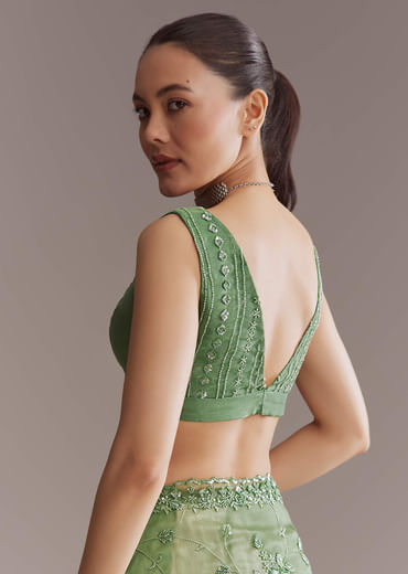 Green Tissue Saree With Jaal And Sequin Embroidery